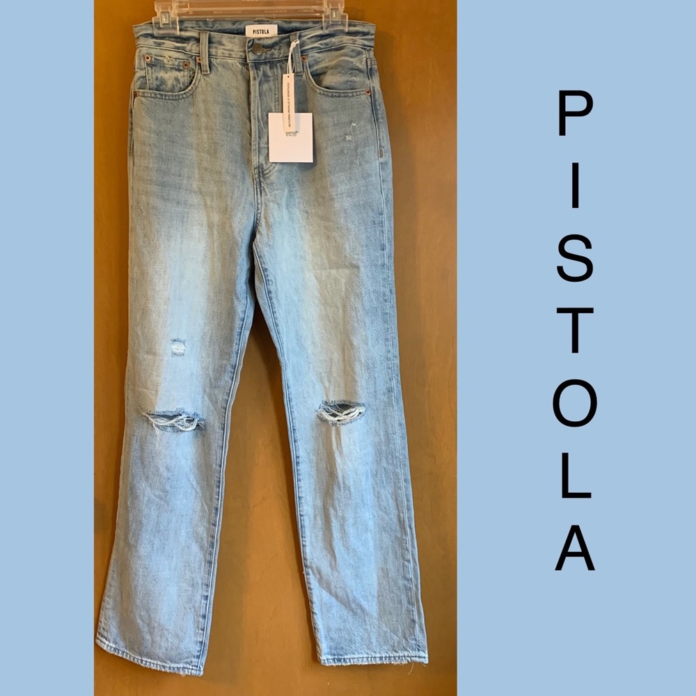 NEW Button-fly Jeans, Pistola Size 28 Denim Jeans, Light Blue Wash, Distressed